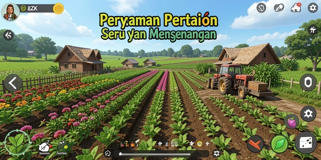 Tangkapan layar dari gameplay seru 8ZK yang menampilkan ladang dan aktivitas bertani.