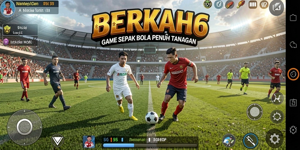 Screenshot gameplay <strong>BERKAH6</strong> menampilkan aksi seru di lapangan sepak bola.