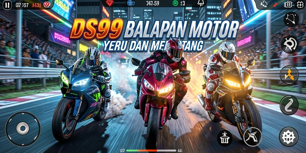 Screenshot DS99 menampilkan momen balapan motor yang mendebarkan.