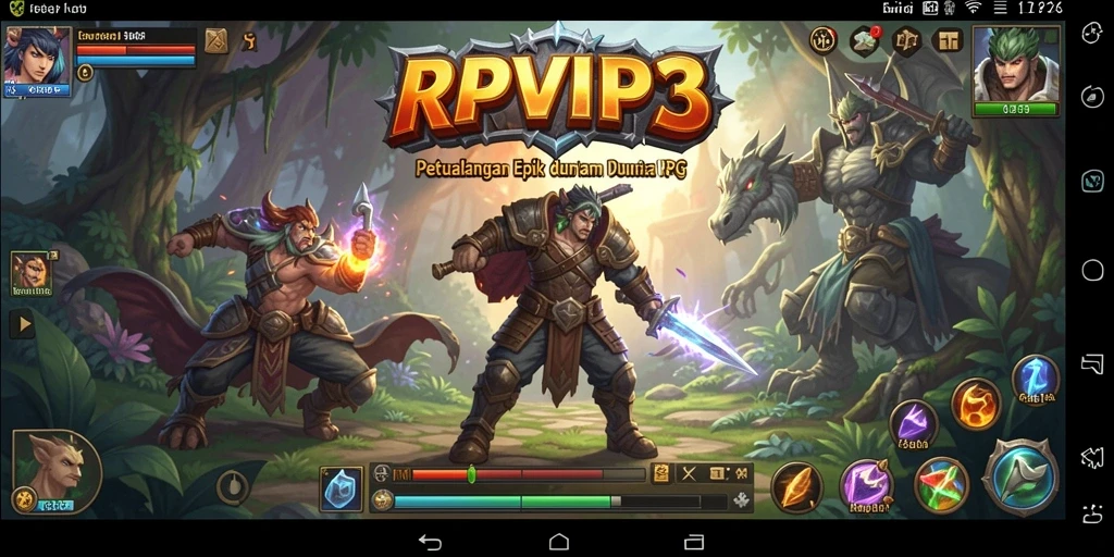 Tangkapan layar gameplay RPVIP3 menampilkan pertarungan seru di dunia fantasi.